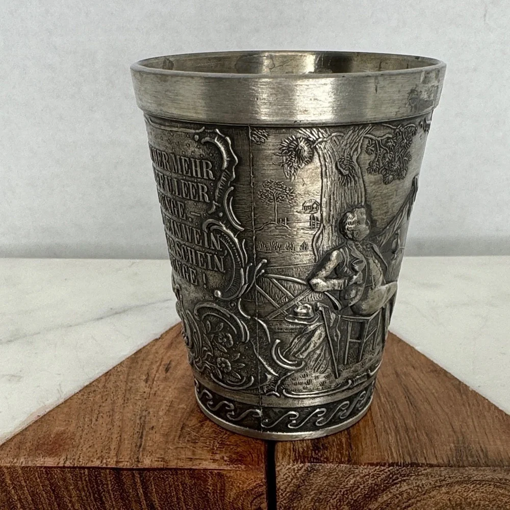 Vintage Ornate Frieling Zinn German Pewter Wine Cup Glass Embossed Mug